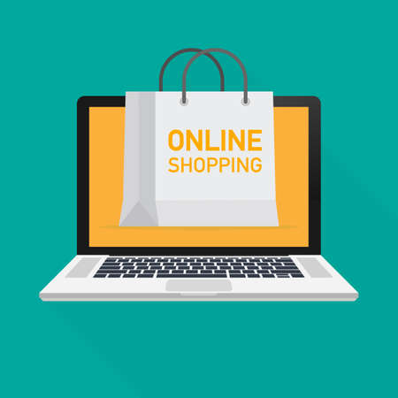Vector illustration of monitor with tent and online shop words. Vector stock illustration.のイラスト素材