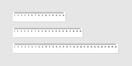 Set of wooden rulers 15, 20 and 30 centimeters with shadows isolated on white. Measuring tool. School supplies. Vector stock illustration.