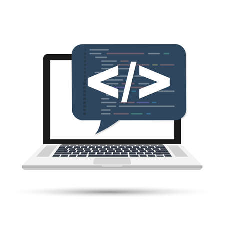 Programming, web development concept. Code on the screen laptop. Vector stock illustration.のイラスト素材