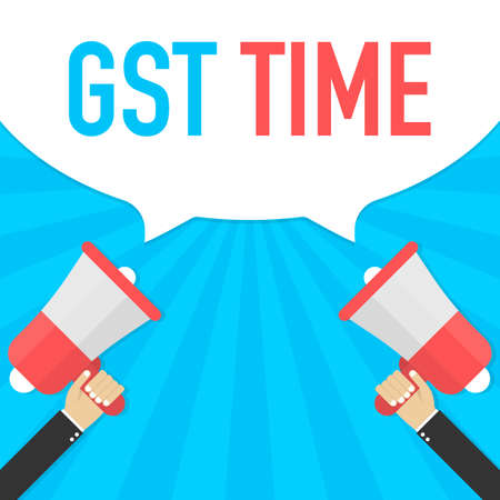 Male hand holding megaphone with GST Time speech bubble. Banner for business. Vector stock illustration.のイラスト素材