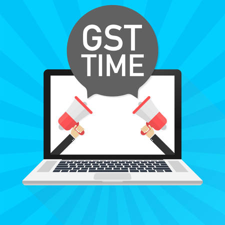 Laptop notebook computer screen. Hand holding megaphone. GST Time text in speech bubble. Vector stock illustration.のイラスト素材