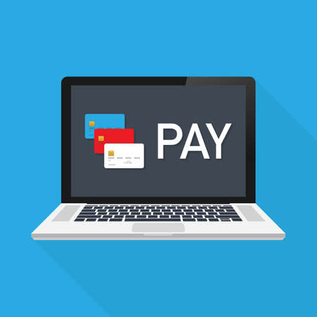 Pay online concept on modern technology devices with responsive flat web design. Vector stock illustration.のイラスト素材