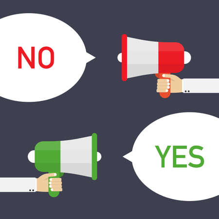 Male hand holding megaphone with Yes and No speech bubble. Vector stock illustration.のイラスト素材