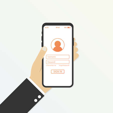 Hand holding smart phone with user login form page and sign in button. Username and password box.. Vector stock illustration.のイラスト素材