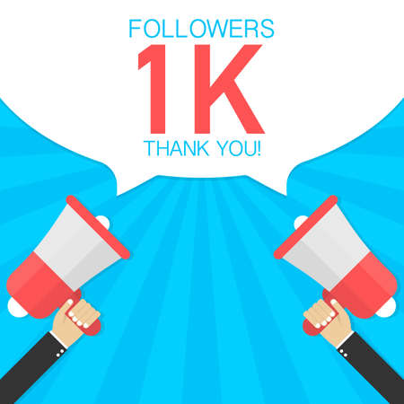 Male hand holding megaphone with 1000 followers, Thank You speech bubble. Concept for social networks, promotion and advertising. Vector stock illustration.のイラスト素材