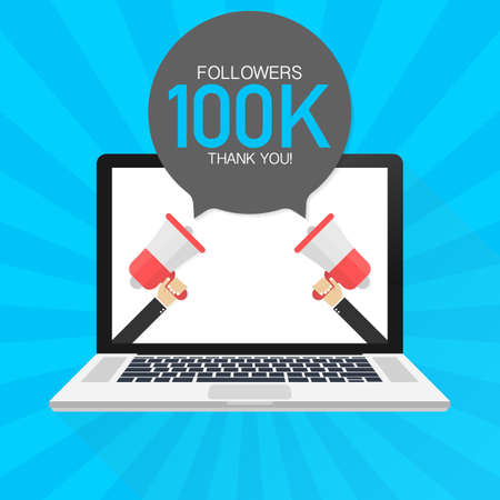 100000 Followers thank you card with laptop Template for social media post. 100K subscribers vivid banner. Vector stock  illustration.のイラスト素材