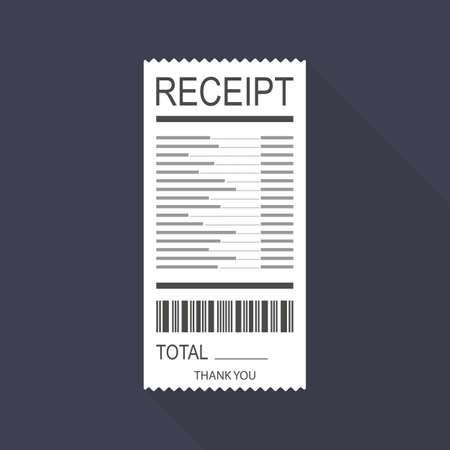Receipt icon in a flat style isolated on a colored background. Invoice sign. Bill atm template or restaurant paper financial check.  Vector stock illustration.のイラスト素材