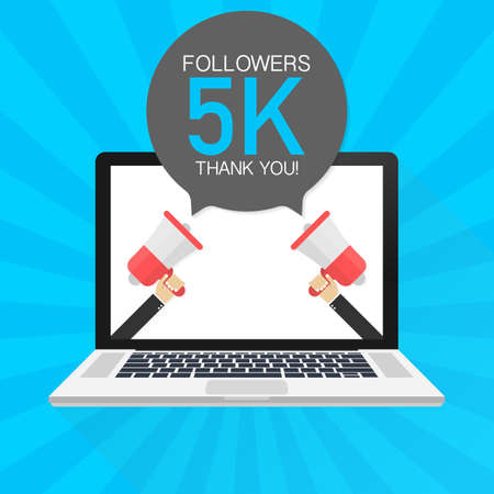 5000 Followers thank you card with laptop Template for social media post. 5K subscribers vivid banner. Vector stock  illustration.のイラスト素材