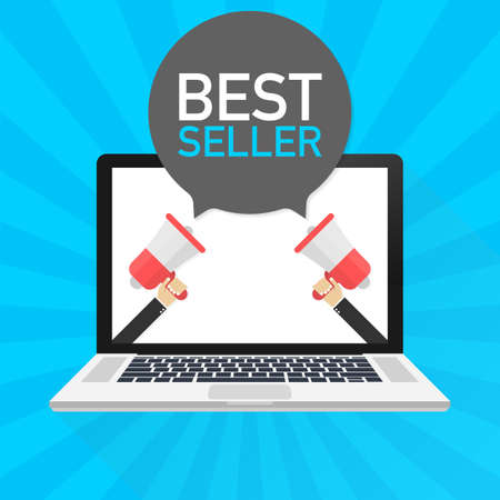 Laptop notebook computer screen. Hand holding megaphone. Best seller text in speech bubble. Vector stock illustration.のイラスト素材