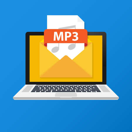 Laptop with envelope and MP3 file. Notebook and email with file attachment MP3 document. Vector stock illustration.のイラスト素材