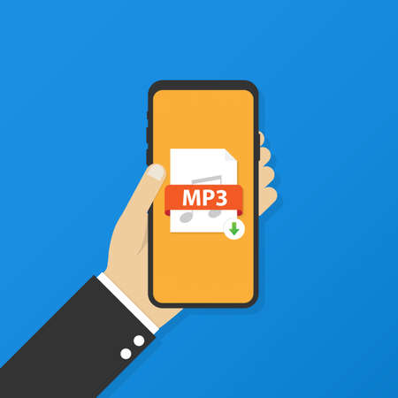 Download MP3 button on smartphone screen. Downloading document concept. File with MP3 label and down arrow sign. Vector stock illustration.のイラスト素材