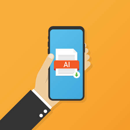 Download AI button on smartphone screen. Downloading document concept. File with AI label and down arrow sign. Vector stock illustration.のイラスト素材