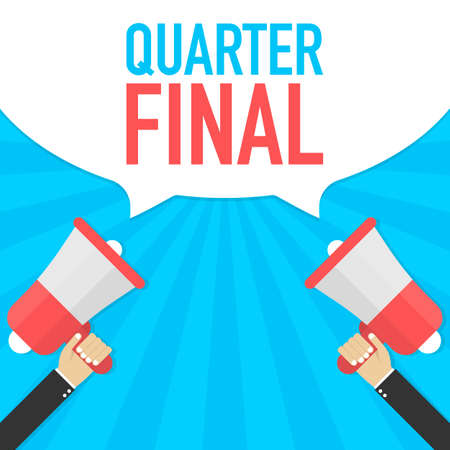 Hand Holding Megaphone with Quarter final. Vector stock illustration.のイラスト素材