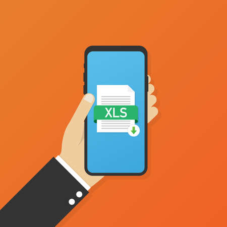 Download XLS button on smartphone screen. Downloading document concept. File with XLS label and down arrow sign. Vector stock illustration.のイラスト素材