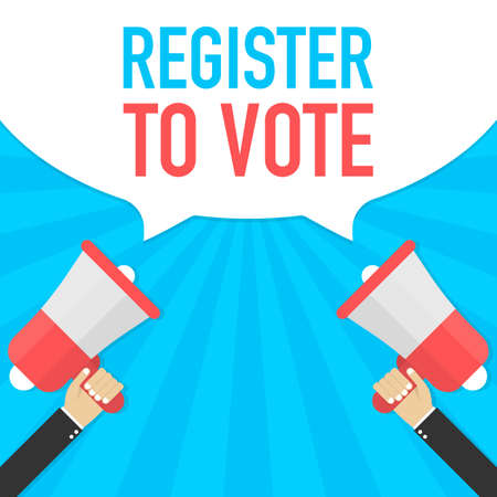 Hand Holding Megaphone with Register to vote. Vector stock illustration.のイラスト素材
