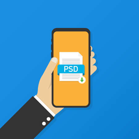 Download PSD button on smartphone screen. Downloading document concept. File with PSD label and down arrow sign. Vector stock illustration.のイラスト素材