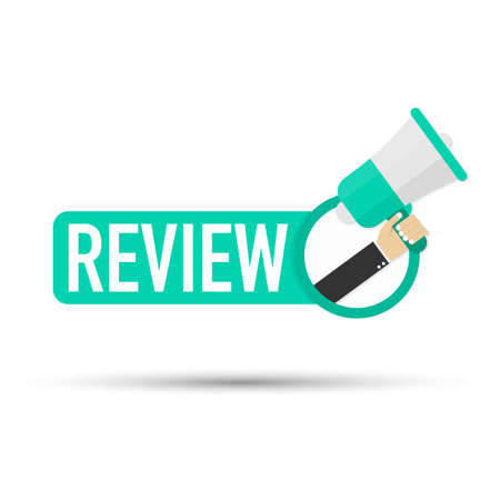 Hand holding megaphone - Review. Vector stock illustration.のイラスト素材