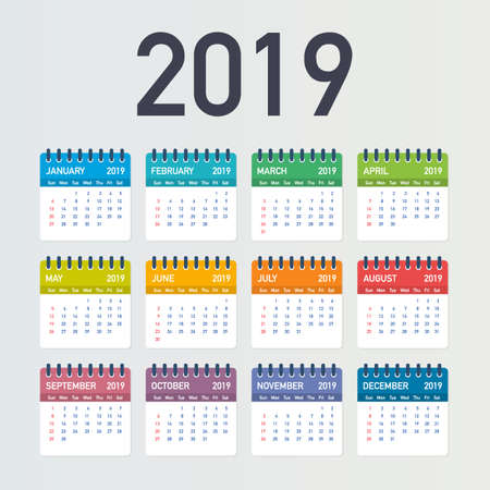 Calendar 2019, Week starts from Sunday, business template. Editable vector file available. English and Sunday to Monday version.のイラスト素材