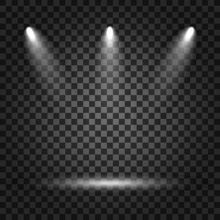 Spotlights with light beams on transparent background. Realistic spotlights for theater, photo studio, concerts. Vector stock illustration.のイラスト素材