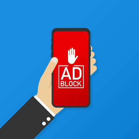 Hand holding mobile with ad blocker screen, flat vector design. Vector stock illustration.のイラスト素材