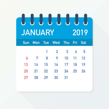 January 2019 Calendar Leaf. Calendar 2019 in flat style. A5 size. Vector stock illustration.のイラスト素材