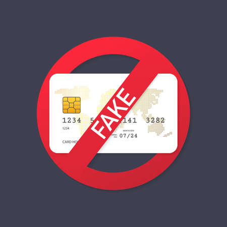 fake simple plastic card. concept of id secure, e-commerce, not valid clone, authentication, lie, error, sham, caution, fail, hacker. Vector stock illustration.のイラスト素材