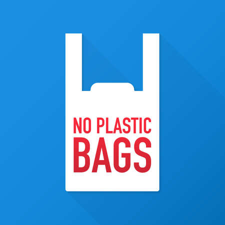 No plastic bags forbidden sign on black background. Vector stock illustration.