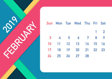 February 2019 Calendar Leaf. Calendar 2019 in flat style. A5 size . Vector stock illustration.のイラスト素材