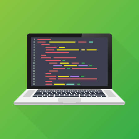 Vector laptop coding concept. Web developer, design, programming. Laptop screen code. Vector stock illustration.のイラスト素材