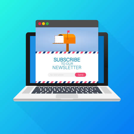 Email subscribe, online newsletter vector template with mailbox and submit button on laptop screen. Vector stock illustration.のイラスト素材
