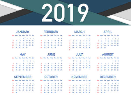 Calendar 2019, Week starts from Sunday, business template. Editable vector file available. English and Sunday to Monday version.のイラスト素材