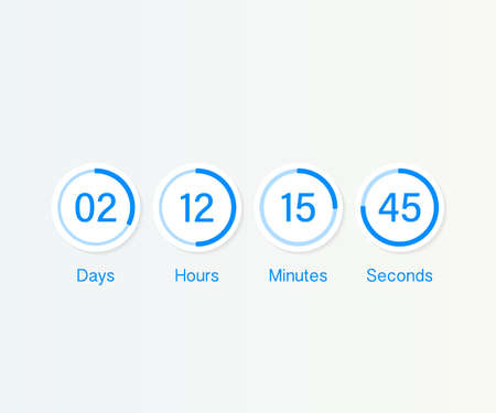 countdown clock counter timer. UI app digital count down circle board meter with circle time pie diagram. Scoreboard of day, hour, minutes and seconds for web page coming soon event templateのイラスト素材