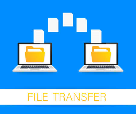 File transfer. laptops with folders on screen and transferred documents. Copy files, data exchange, backup.のイラスト素材