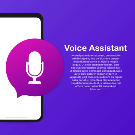 Personal assistant and voice recognition on mobile app. Concept flat vector illustration of human hand holds smartphone with microphone buttonのイラスト素材