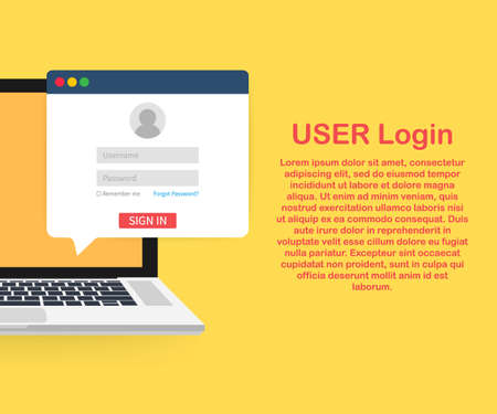 Sign in to account, user authorization, login authentication page concept. Laptop with login and password form page on screen.のイラスト素材
