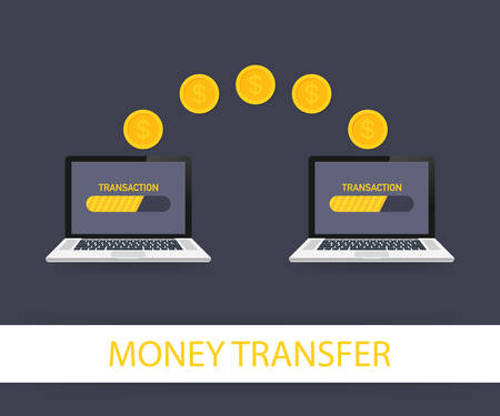 Vector concept of worldwide money transfer. Sending yellow coins from smart phone in businessman hands to personal account on computer.のイラスト素材