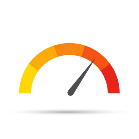 Round temperature gauge, isolated on white background. Colored measuring semicircle scale in flat...