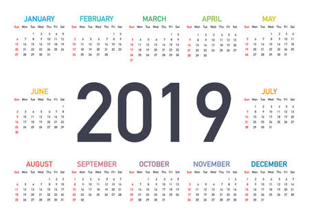Calendar 2019, Week starts from Sunday, business template. Editable vector file available. English and Sunday to Monday version.のイラスト素材