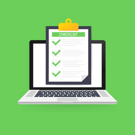 Clipboard and checklist on laptop in flat design.のイラスト素材