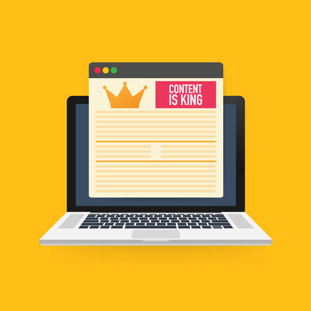 Content is king, marketing concept on a laptop screen. Flat illustration on yellow background.のイラスト素材