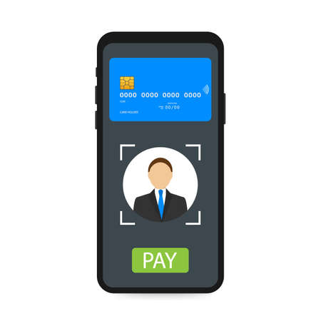 Secure payment with facial recognition and identification on smartphone. Smartphone unlocked with face recognition.のイラスト素材
