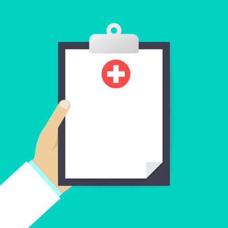 Clipboard in his hand doctor. Doctor takes notes in a Clipboard. Medical report, medical background.のイラスト素材