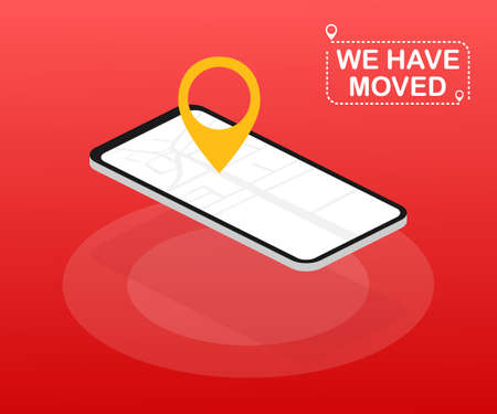 We have moved. Moving office sign. Clipart image isolated on red background. Vector stock illustration.のイラスト素材