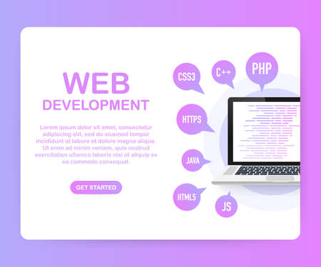 Programming, web development concept. Code on the screen laptop. Vector stock illustration.のイラスト素材