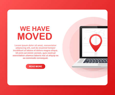 We have moved. Moving office sign. Clipart image isolated on red background. Vector stock illustration.のイラスト素材
