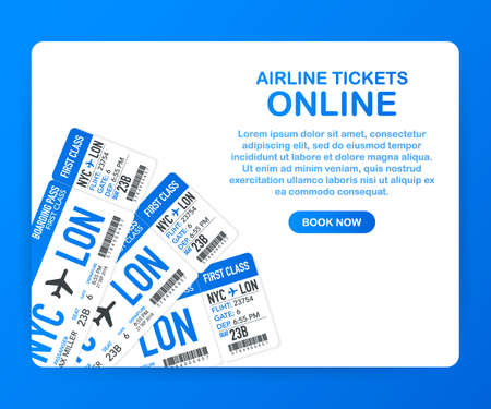 Airline tickets online. Buying or booking online ticket. Travel, business flights worldwide. Vector stock illustration.のイラスト素材
