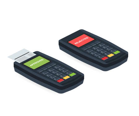 Concept Payment terminals with cross and tick check marks on screen for, social media, documents, posters. Vector illustration confirms reject the payment by debit credit card, money, securityのイラスト素材