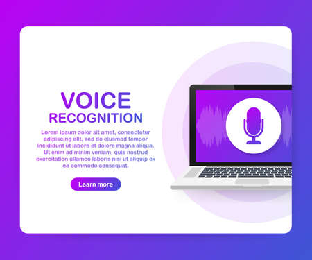 Vector flat voice recognition illustration. Landing page design. Laptop screen with sound waves and microphone dynamic icon. Vector stock illustration.のイラスト素材