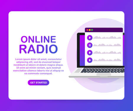 Concept of internet online radio streaming listening, people relax listen dance. Music applications, playlist online songs, radio station. Vector stock illustration.のイラスト素材