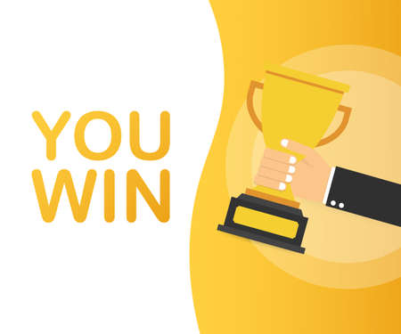 You win. Hand is holding a gold prize cup. A win, leadership and a competition concept. Vector stock illustration.のイラスト素材